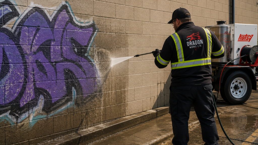 Graffiti removal from commercial concrete wall