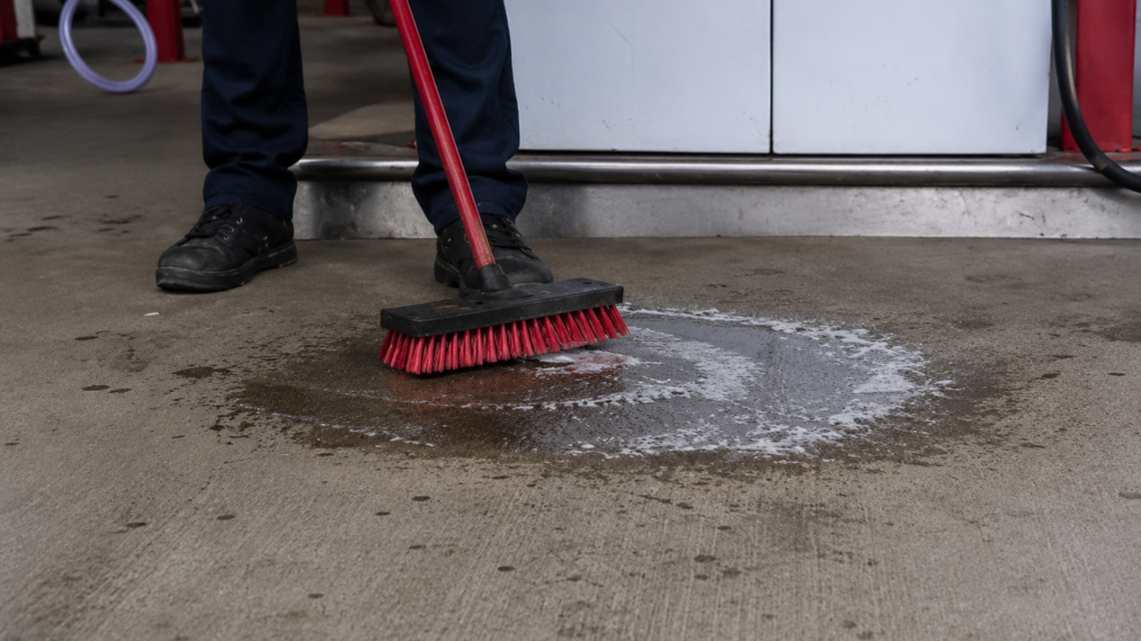 Rapid response cleanup of oil spill in commercial parking lot